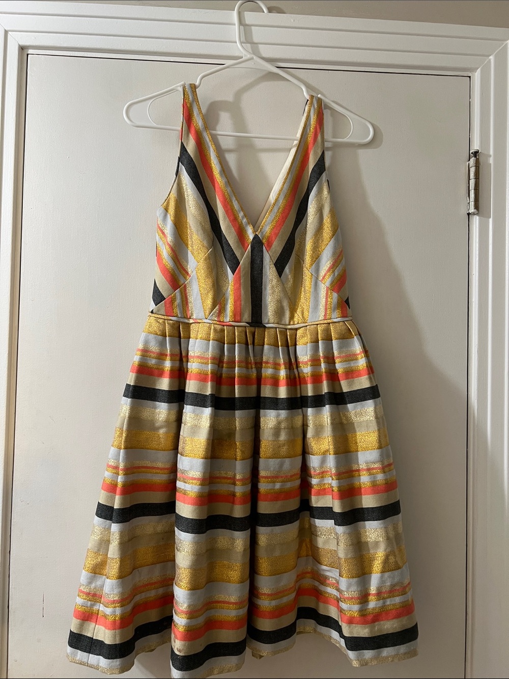 J. Crew Gold, Black, Coral & Cream Striped V-Neck Dress